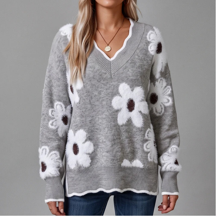 Model wearing Gray knit sweater in a studio