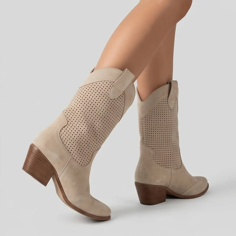 Model wearing Beige Gideon Suede Western Ankle Boots in studio - 2