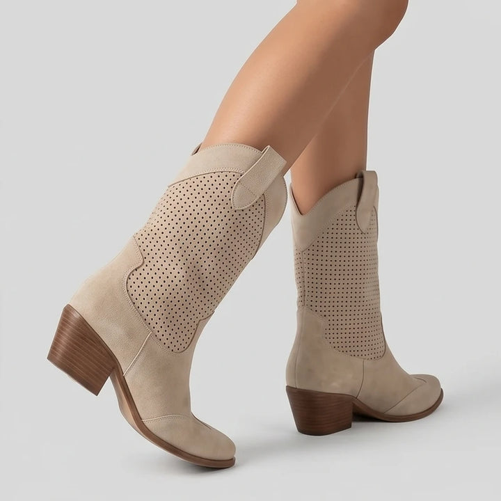 Model wearing Beige Gideon Suede Western Ankle Boots in studio - 2