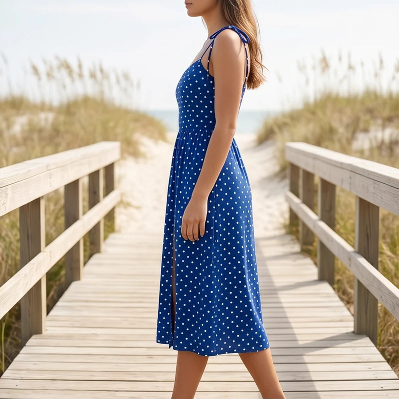 Model wearing Blue Cortez Polka Dot Midi Dress outdoors - 2