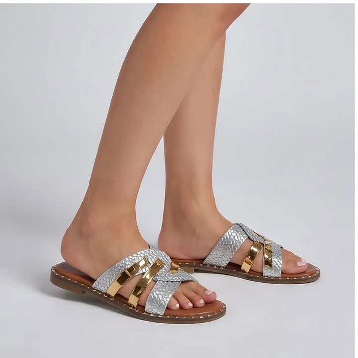 Model wearing Silver slippers in a studio - 2