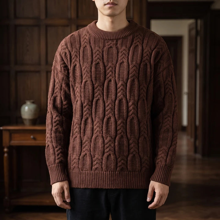 Brown knit pullover in a dark wood interior