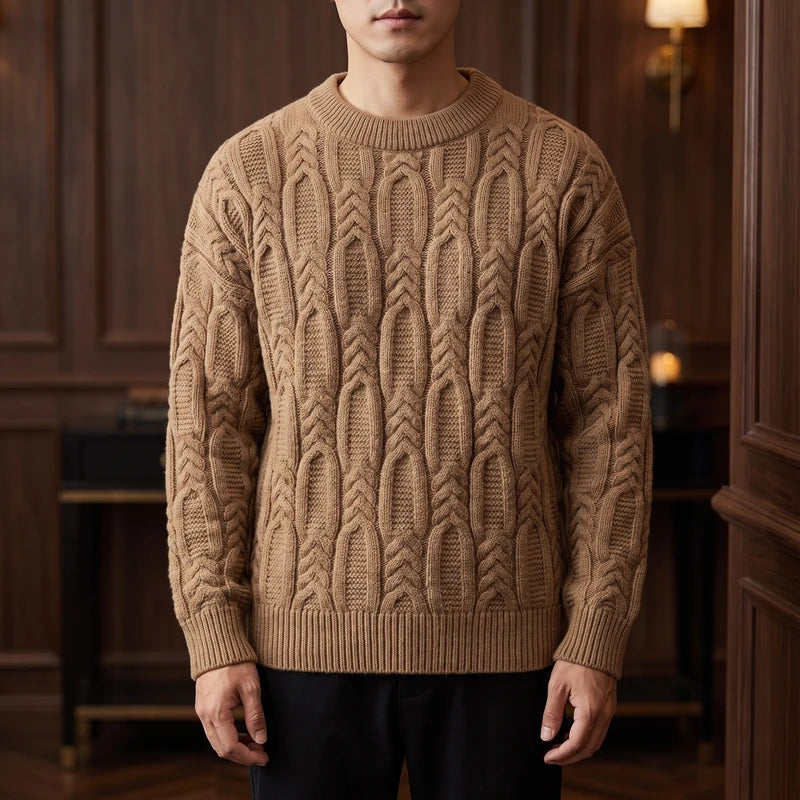 Khaki knit pullover in a dark wood interior