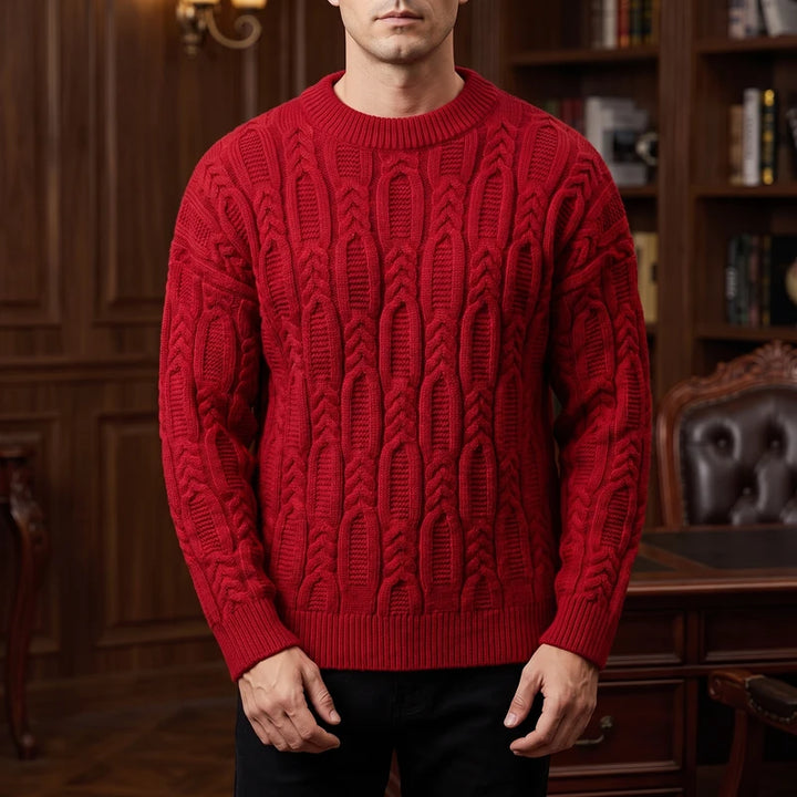Red knit pullover in a dark wood interior