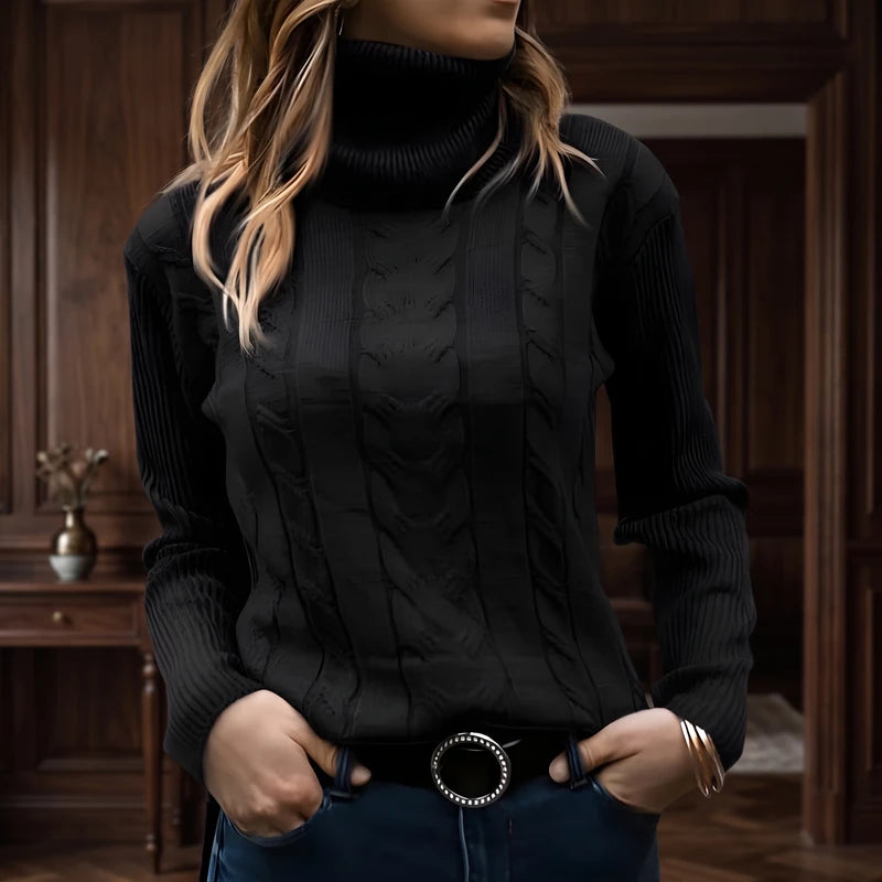 Black knit sweater in a dark wood interior