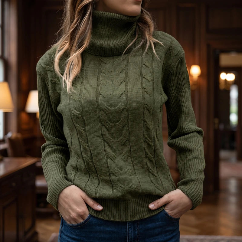 Green knit sweater in a dark wood interior