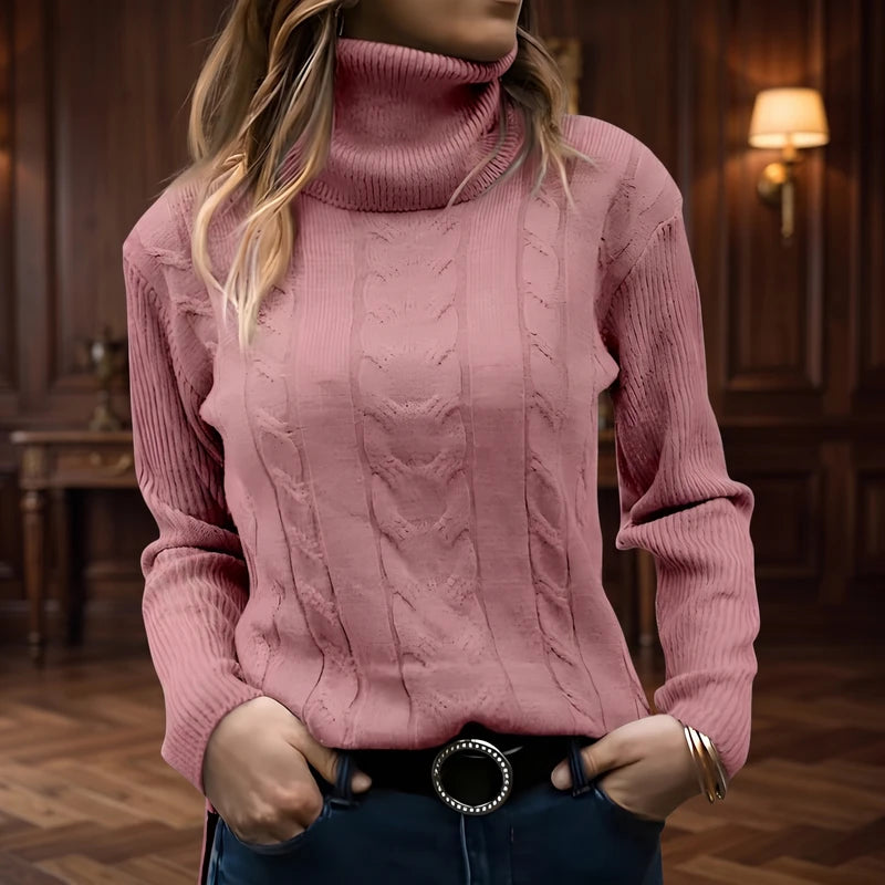 Pink knit sweater in a dark wood interior