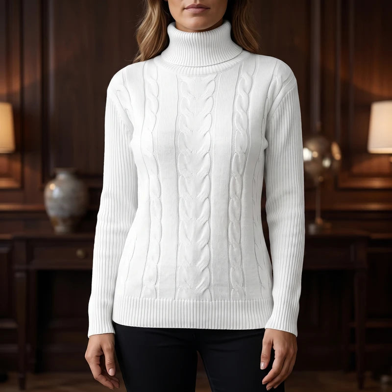 White knit sweater in a dark wood interior