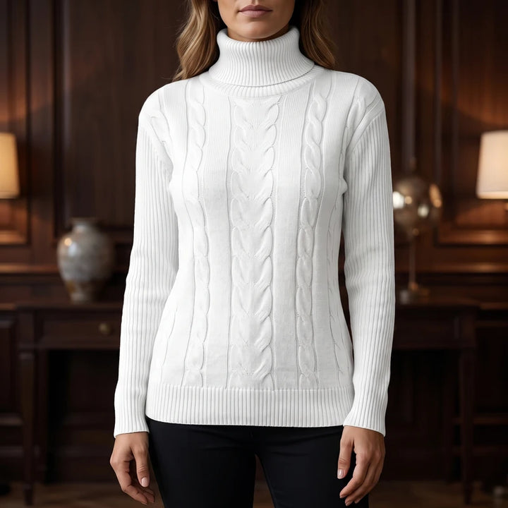 White knit sweater in a dark wood interior