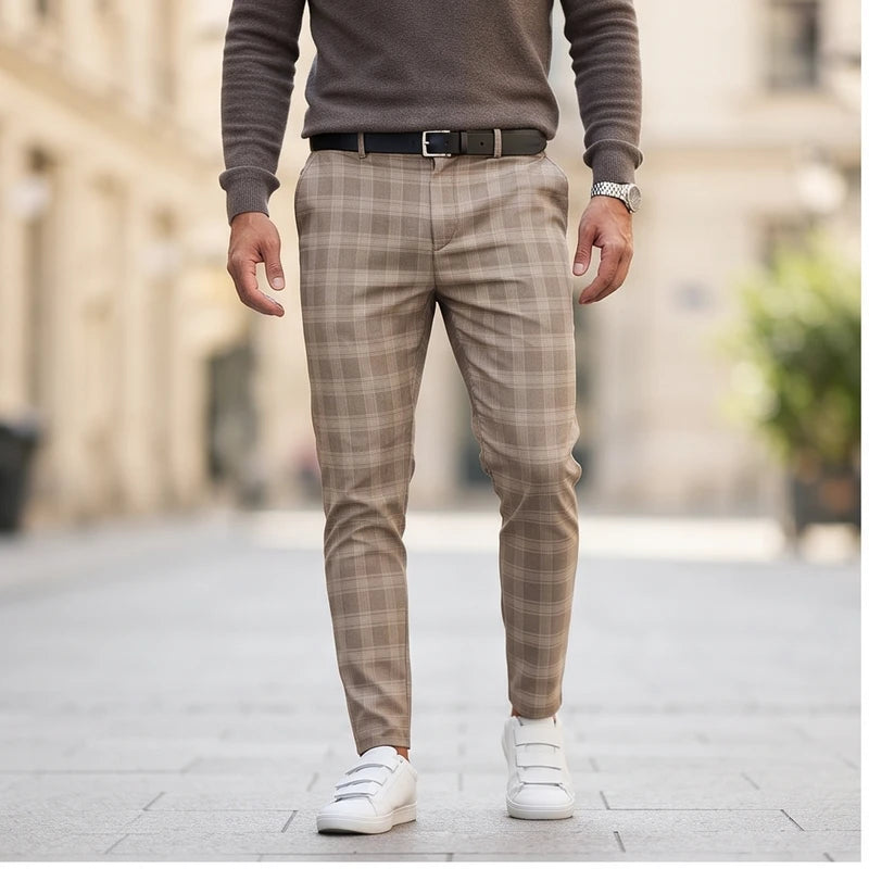 Model wearing Khaki trousers outdoors