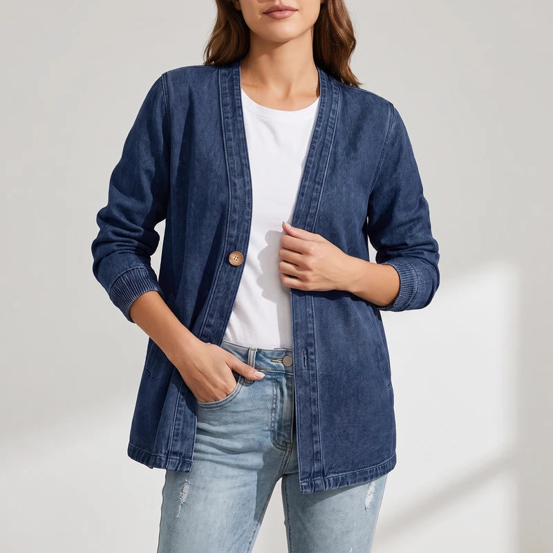 Dark Blue cardigan on an off-gray studio background