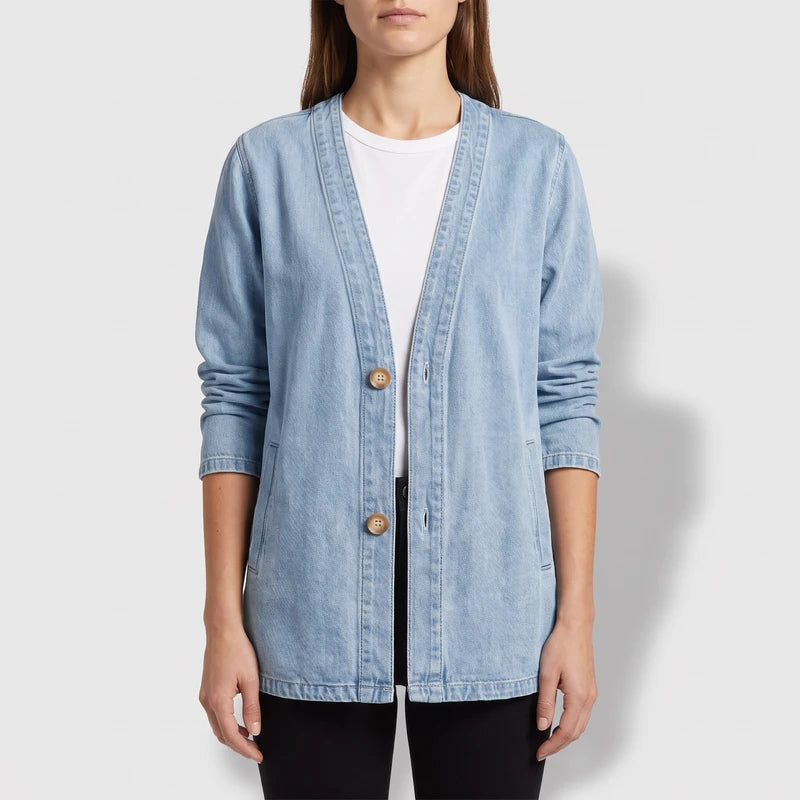 Model wearing Sky Blue cardigan outdoors