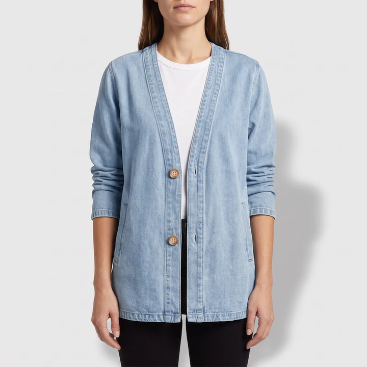 Model wearing Sky Blue cardigan outdoors