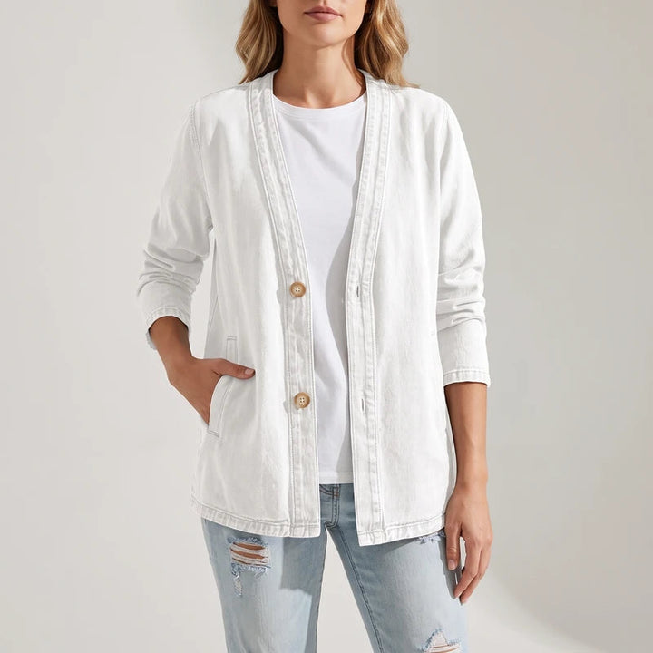 Model wearing White cardigan outdoors