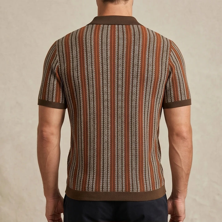 Model wearing Brown Calder Striped Button-Up Shirt in studio - 2
