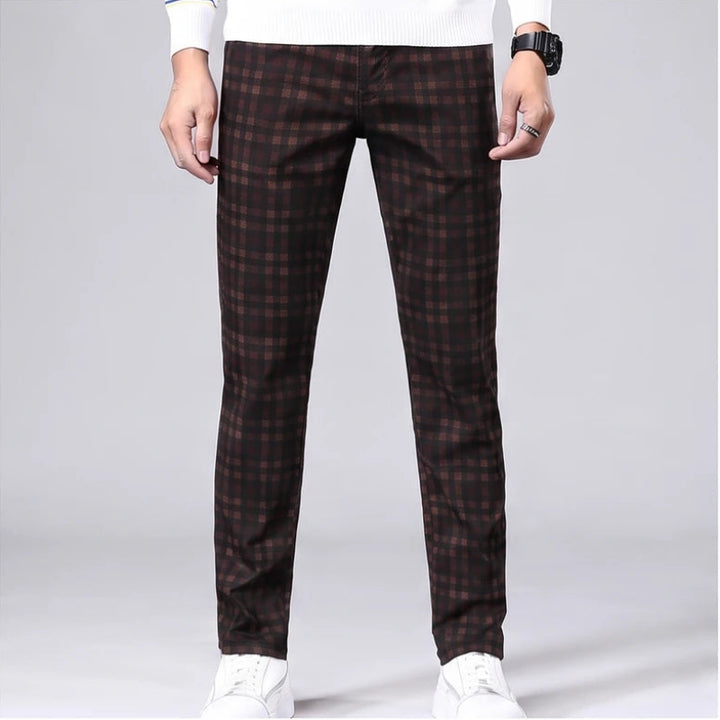 Model wearing Red wine cotton pants in a studio