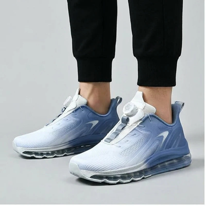 Model wearing Blue Helix Dial Adjustable Running Sneakers in studio