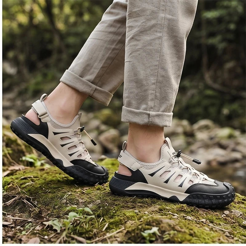 Model wearing Beige Colby Mesh Amphibious Sandals outdoors - 2