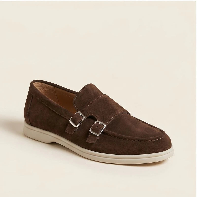 Brown suede double monk strap loafers with a casual style.