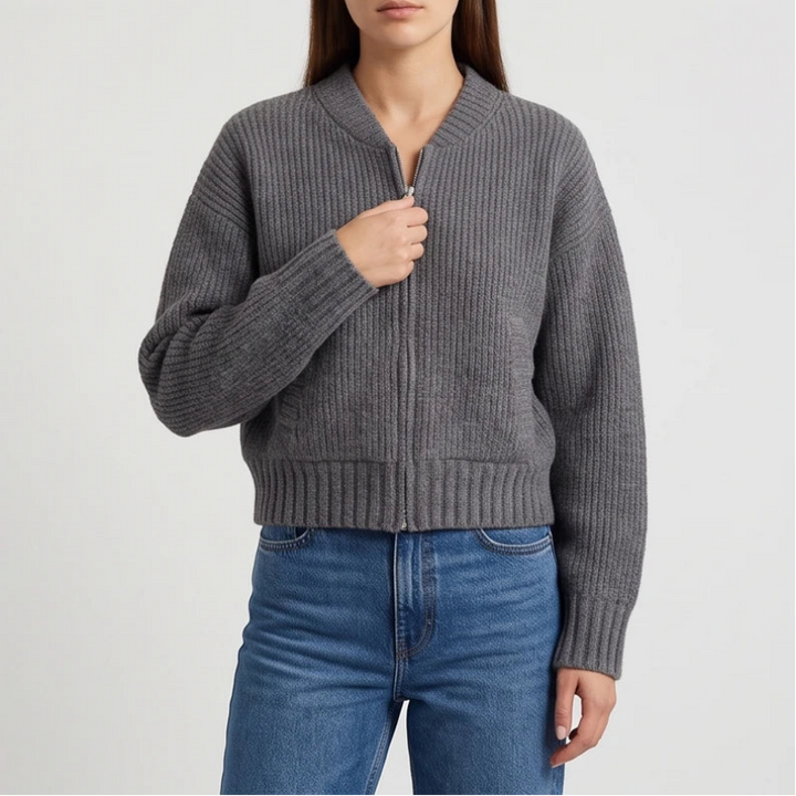Gray knit cardigan on an off-gray studio background - 4