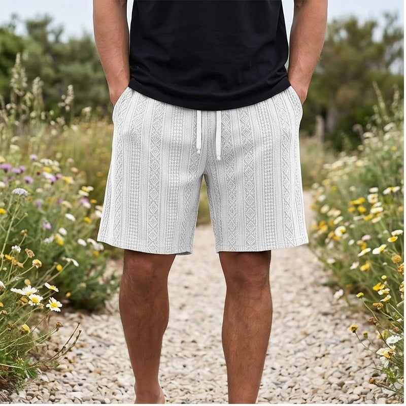 Model wearing White 2026 New Men's Daily Jacquard Textured Fashion Casual Shorts outdoors