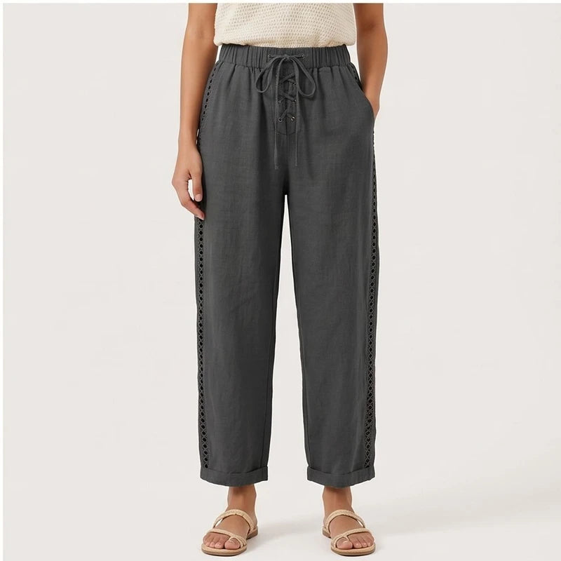Model wearing Dark Grey Wide Leg Pants Women Casual Straight Ankle Length Trousers High Waist Elastic Waist Lace Up Pockets Slacks 2025 Streetwear in studio - 3
