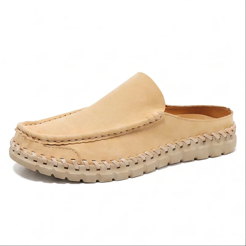 Khaki leather mule on a white background