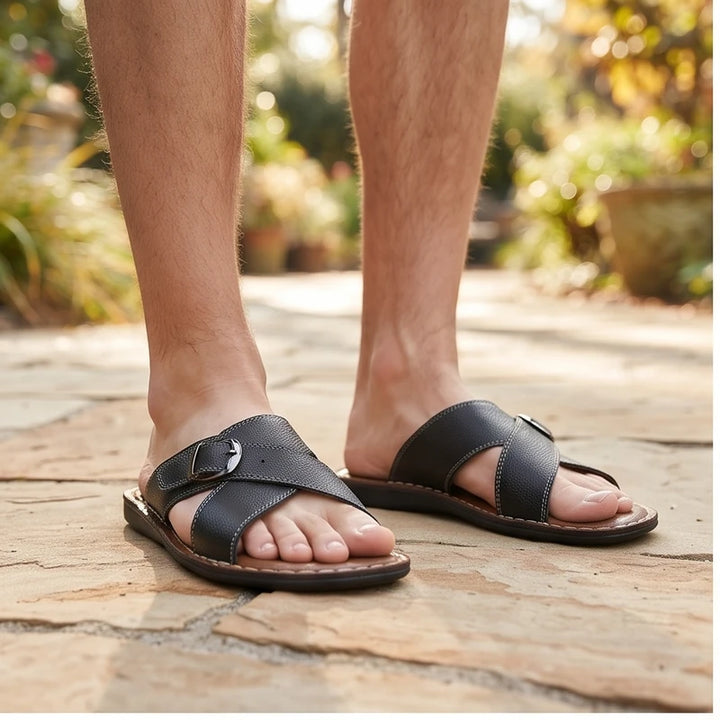 Model wearing Black leather sandals outdoors