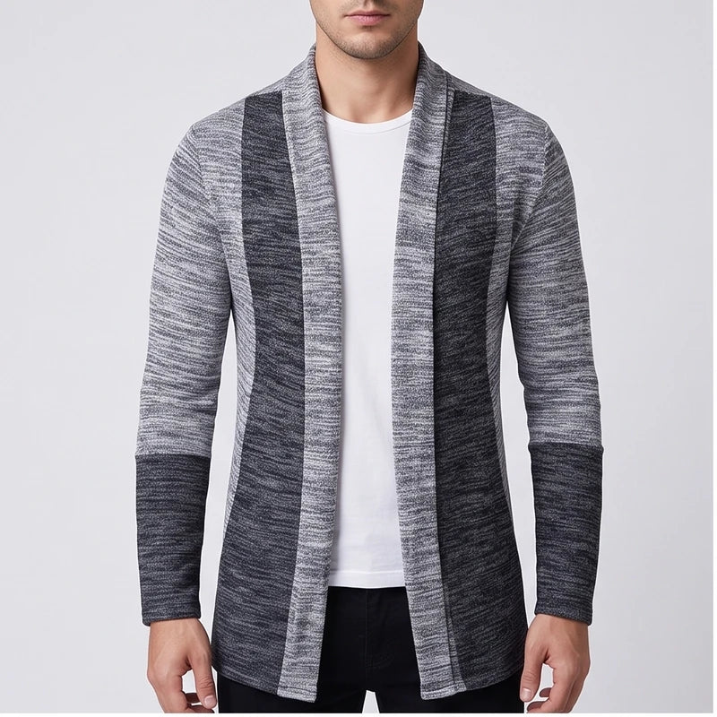 Model wearing Gray knitted cardigan in a studio