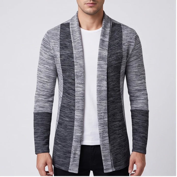 Model wearing Gray knitted cardigan in a studio