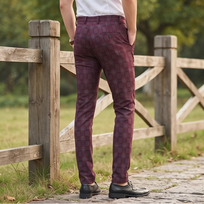 Model wearing Burgundy cotton pants outdoors - 2