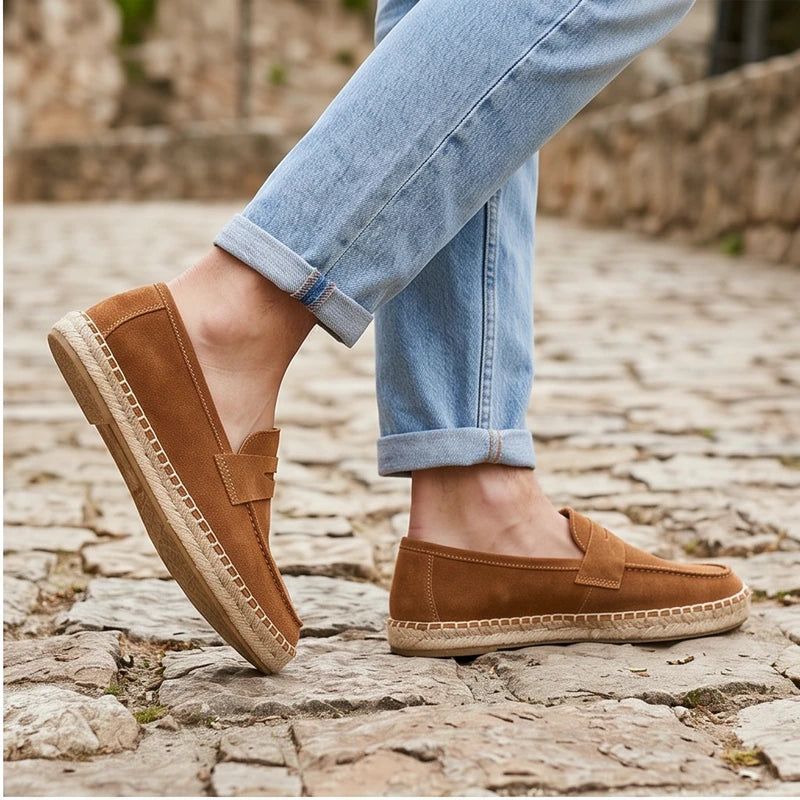 Model wearing Brown Men's Jute Espadrilles Slip on Loafers Cow Suede Leather Casual Shoes outdoors - 2