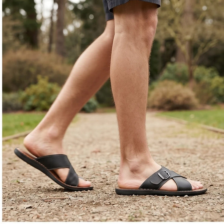 Model wearing Black leather sandals outdoors - 2