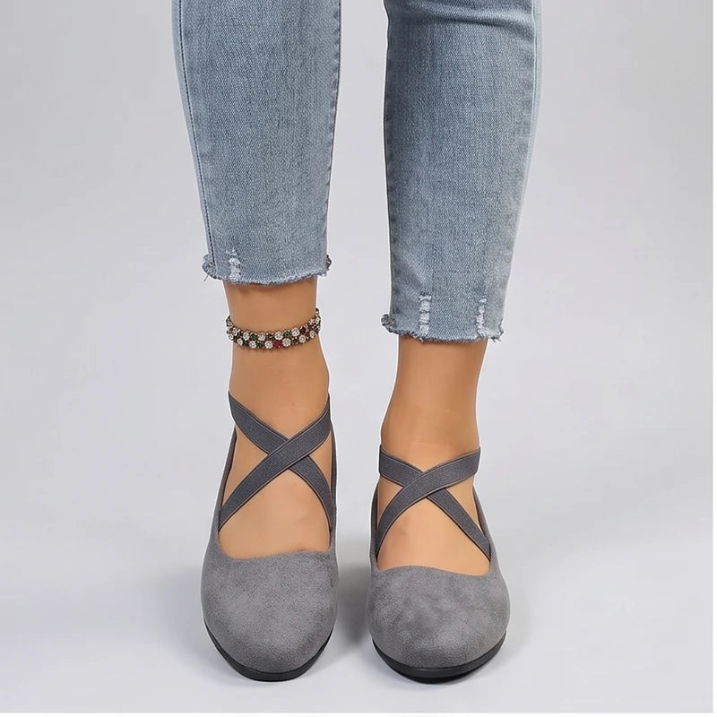 Model wearing Gray Selene Ballet Criss-Cross Flats in studio