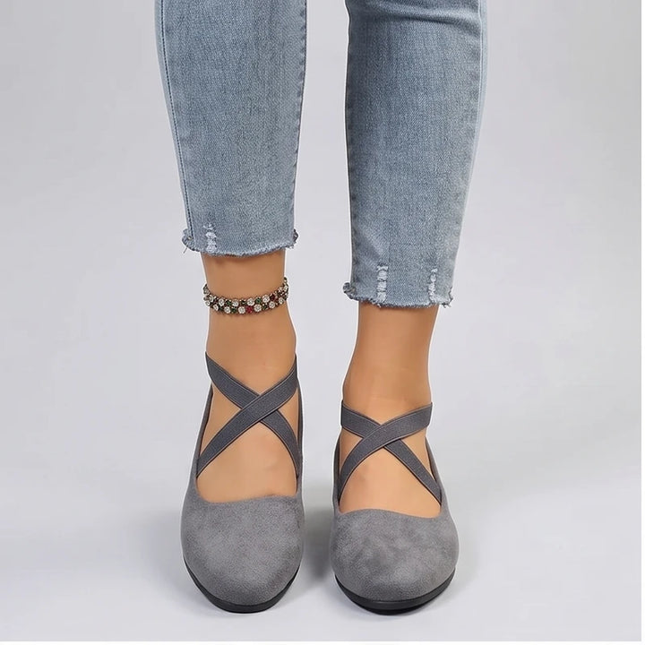 Model wearing Gray Selene Ballet Criss-Cross Flats in studio