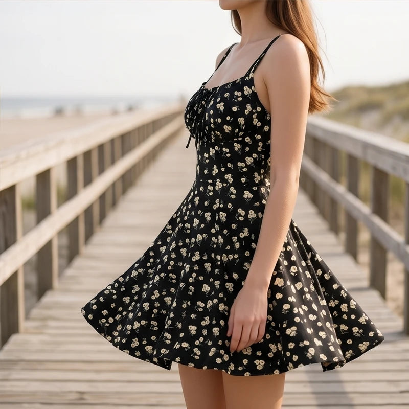 Model wearing Black Wren Floral Cami Mini Sundress outdoors - 4