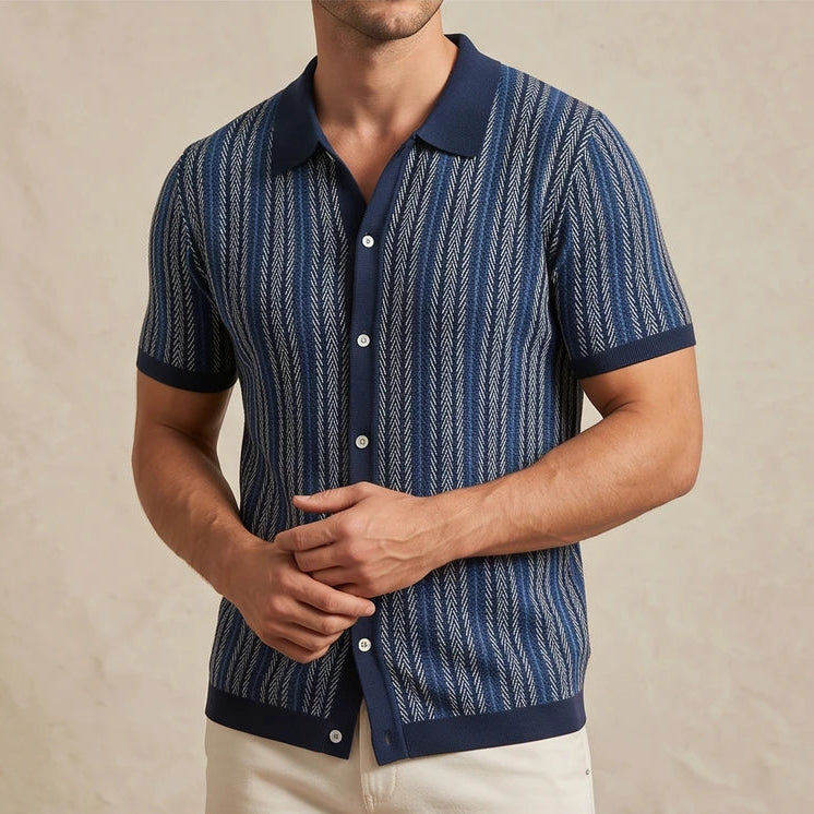 Model wearing Blue Calder Striped Button-Up Shirt in studio - 4
