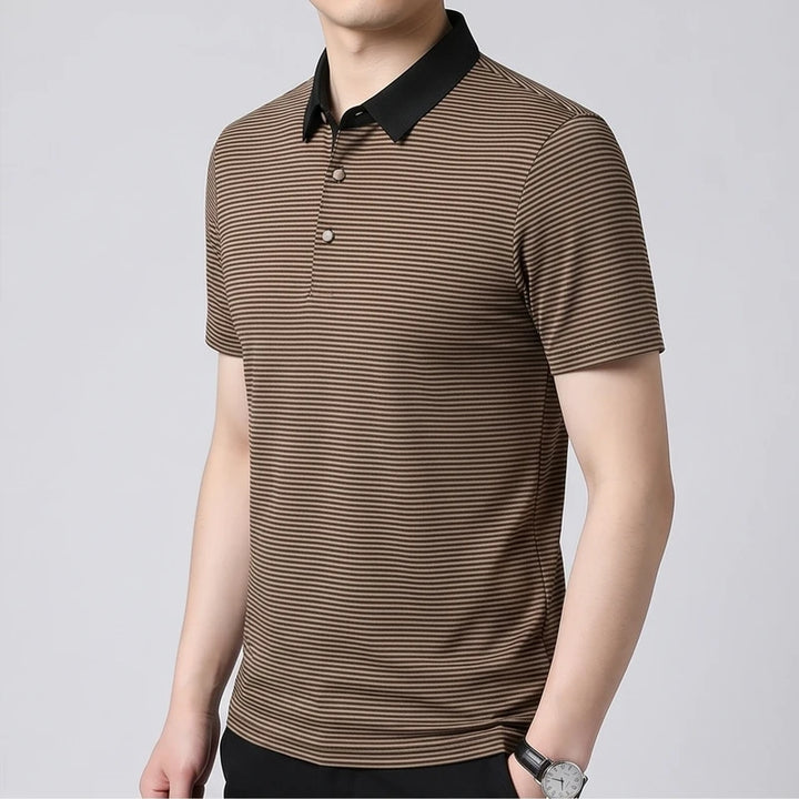 Model wearing Khaki Hollis Striped Polo in studio - 2