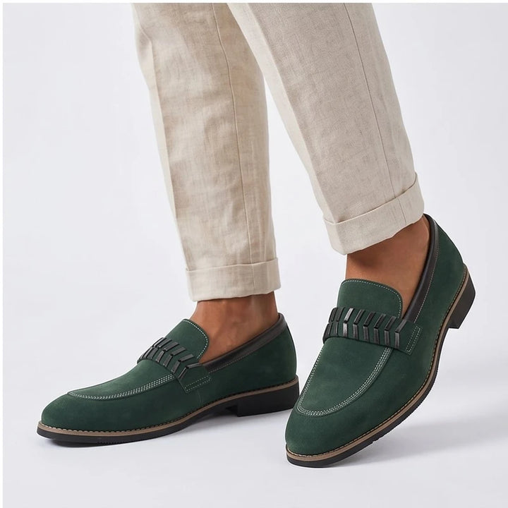 Model wearing Green Driscoll Suede Penny Loafers [needs new images[ in studio - 3
