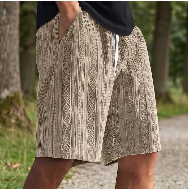Model wearing Khaki 2026 New Men's Daily Jacquard Textured Fashion Casual Shorts outdoors - 2