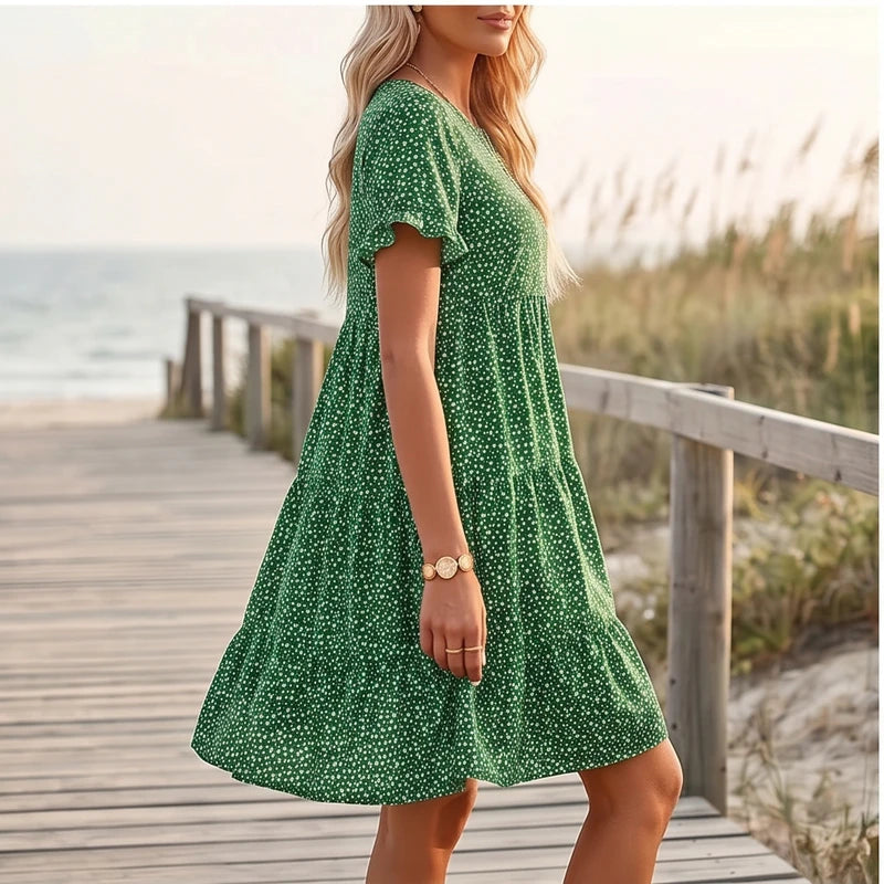 Model wearing Green Dotted Mini A-Line Sundress with Short Sleeves outdoors - 3