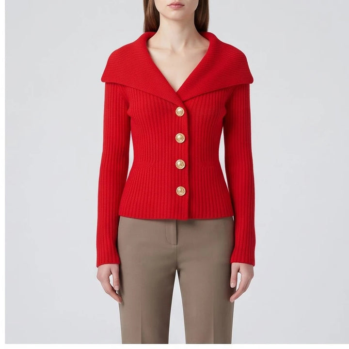 Model wearing Red knitted jacket in a studio - 2