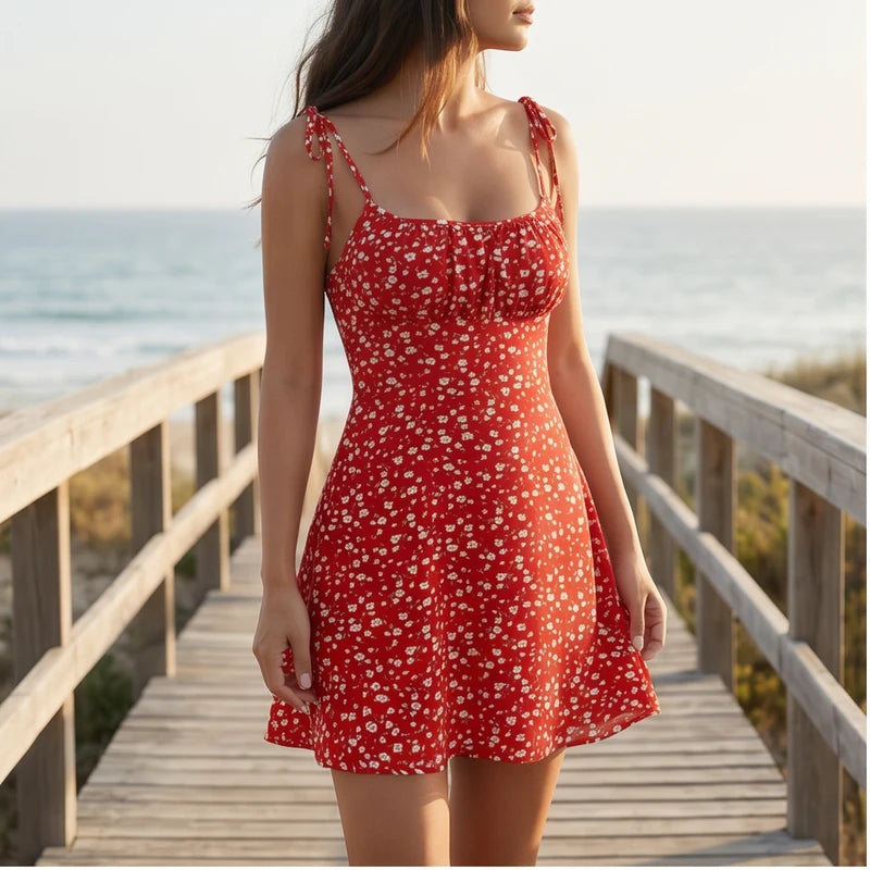 Model wearing Red Evelyn Floral Mini Dress outdoors