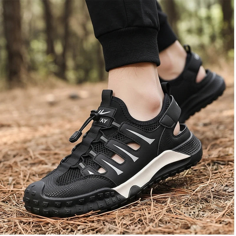 Model wearing Black 2026Men Beach Breathable Sandals Designer Brand Mesh Hollow-out Casual Shoes Outdoor Lightweight Non Slip Reman Sneakers for Men outdoors