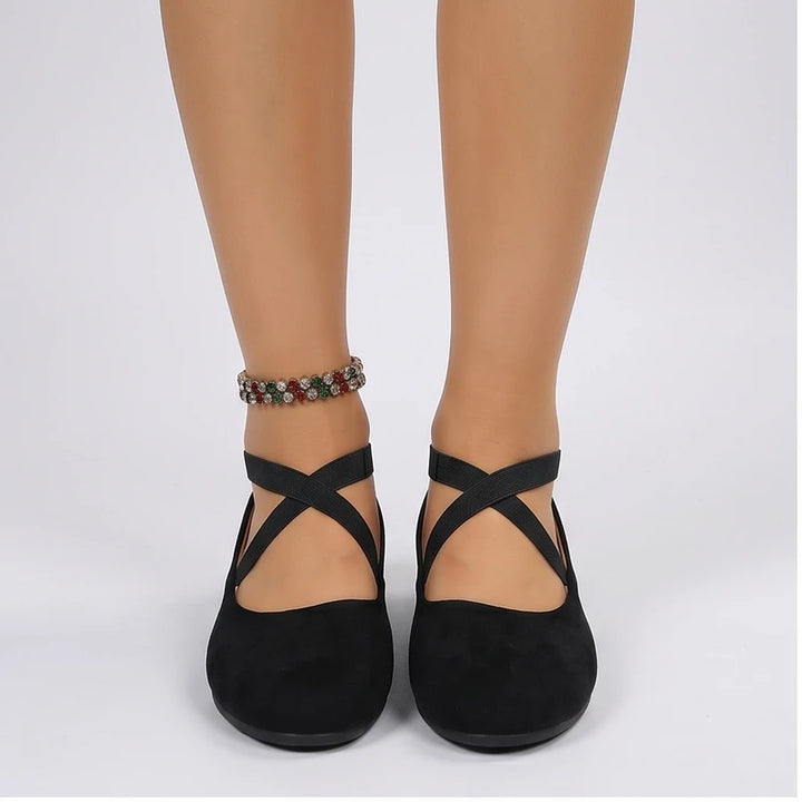 Model wearing Black Selene Ballet Criss-Cross Flats in studio