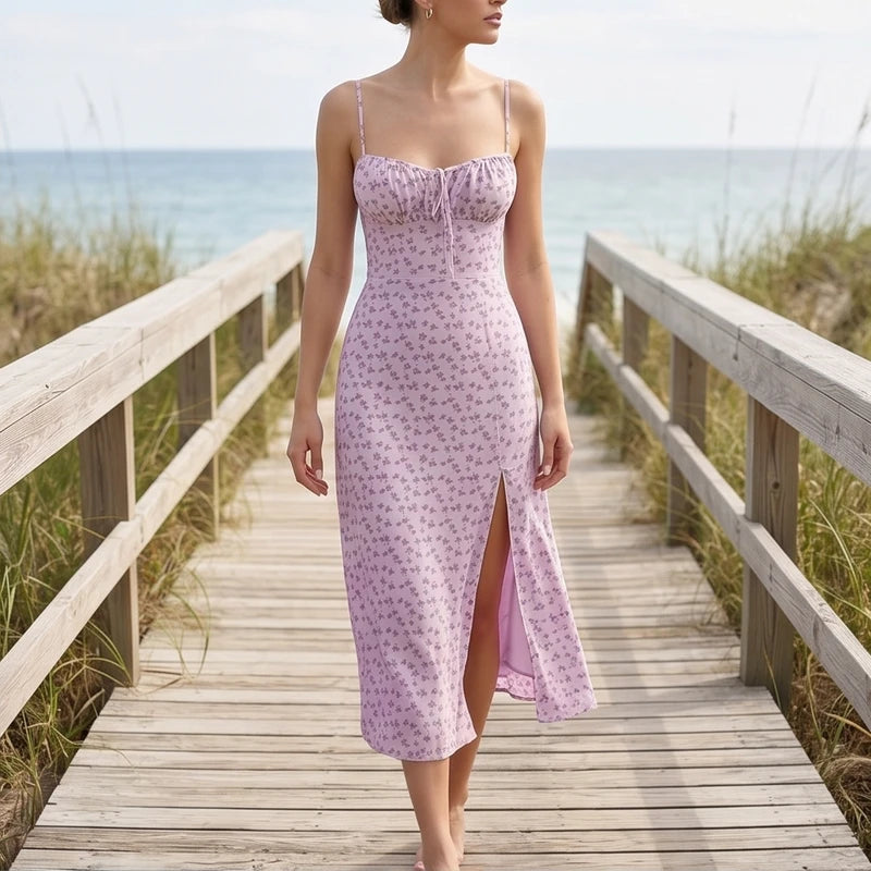 Model wearing Pink Seraphine Floral Midi Slip Dress outdoors - 2