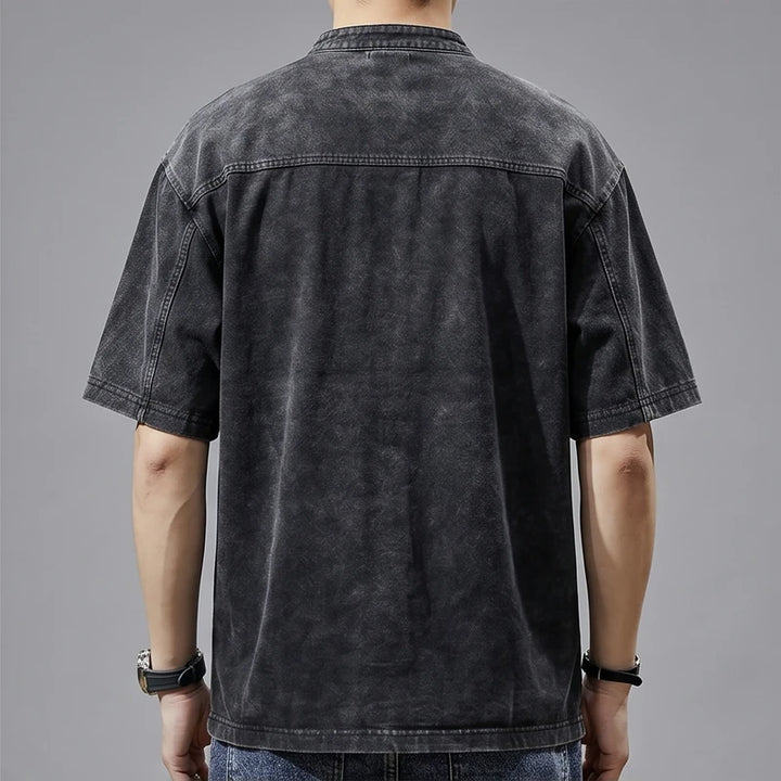 Model wearing Black Renn Faded Mandarin Collar Shirt in studio - 2