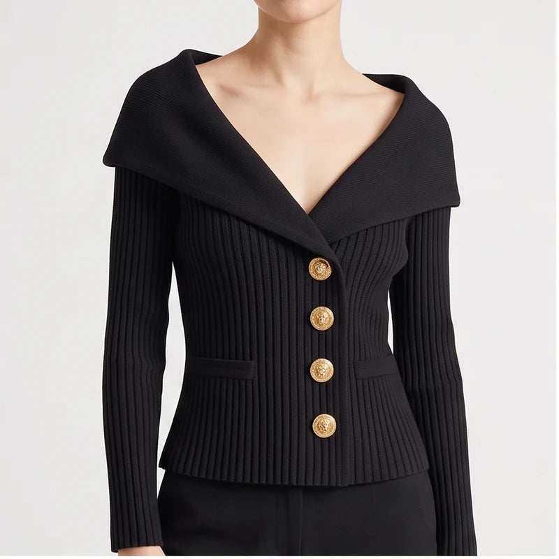 Model wearing Black knitted jacket in a studio