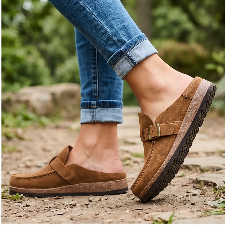 Model wearing Khaki 2026 New Women's Shoes Slip on Female Flats Durable Belt Buckles Mules Fashion Wear Resistant Women Half Slippers Retro Zapatos outdoors - 2