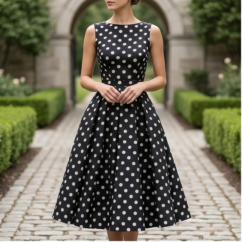 Model wearing Black Elegant Black A-Line Dress with Classic White Polka Dot Print Vintage Sleeveless Midi Dress for Formal Casual Occasions Dresses outdoors